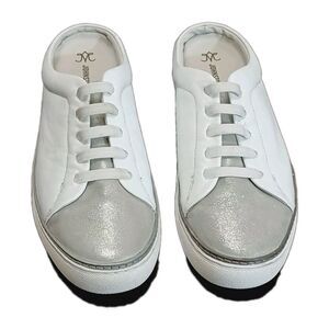 Johnson & Murphy Women's White And Sliver Leather  Sneakers Slip-On Mules Size 8